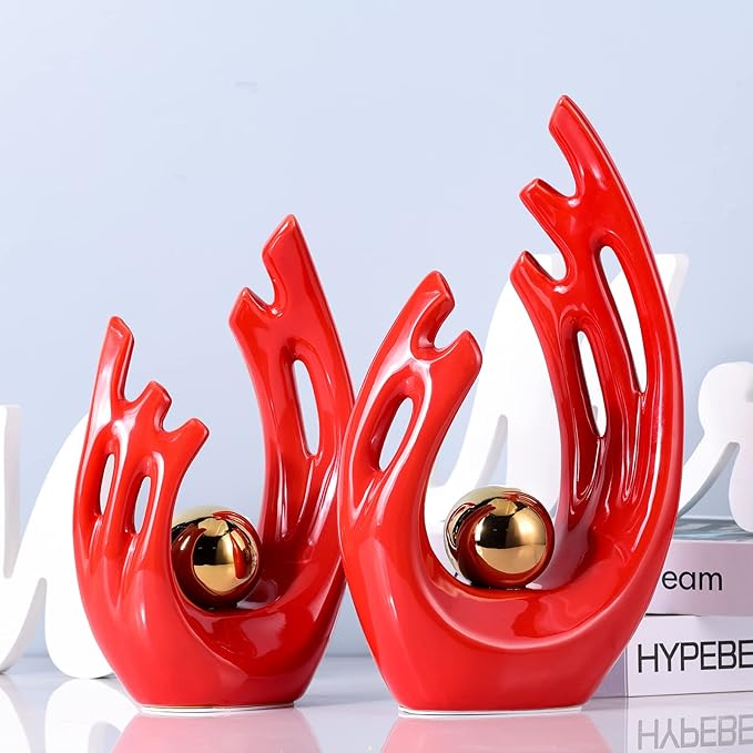 Red Modern Abstract Art Ceramic Statue and Sculpture,Red and Gold Home Decor Accents,Table Decoration for Living Room Office Dining Room Kitchen Cabinets Apartment Desktop Bookshelf Aesthetic Decor