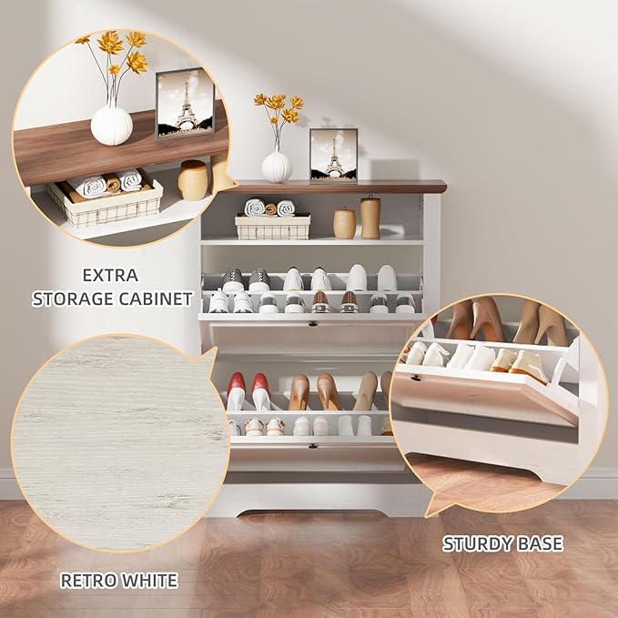 39" Farmhouse Shoe Storage Cabinet with 2 Flip Drawers and Adjustable Entryway Shelves, Hidden Shoe Organizer, White Walnut