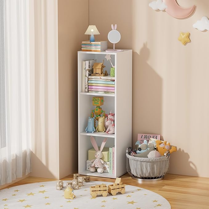 3 Tier Bookshelf, Narrow Bookcase for Small Spaces, Wooden Book Case Bookshelves Storage Organizer for Bedroom Living Room Home Office (White, 3 Cube)