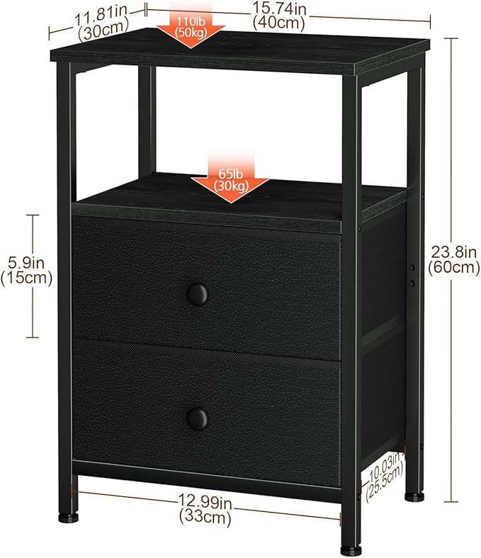 Night Stand for Bedroom, Nightstand with 2 Fabric Drawers, Small Bed Side Table Table with Open Storage Shelf for Living Room, Black, HETS002BK-1