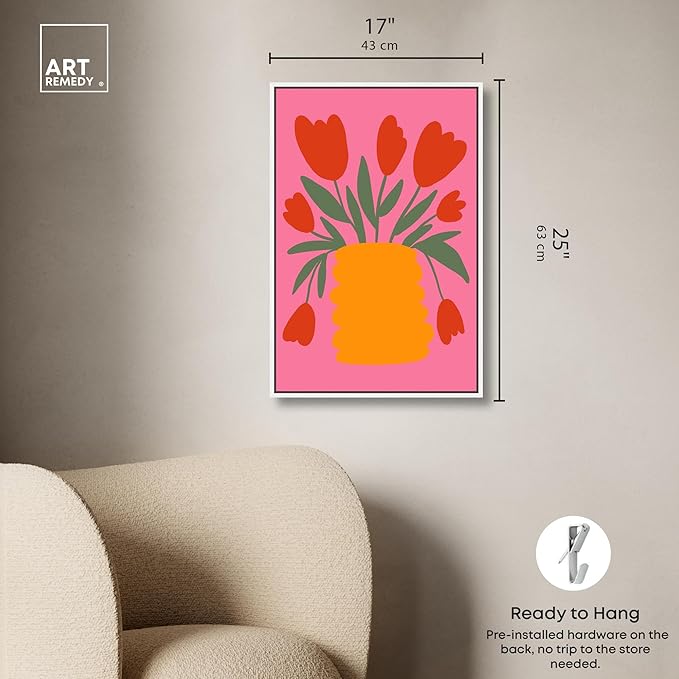 Art Remedy Bright Romantic Tulips Canvas Boho Colorful Wall Art, White Frame, 16" x 24"