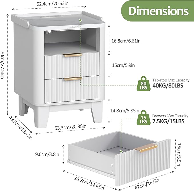 Night Stand with Charging Station, Fluted Nightstand with 2 Drawers and LED Light, Wood Bedside Table with Open Storage for Bedroom, White