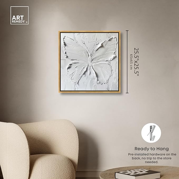 Art Remedy White Butterfly Canvas Elegant White Gold Wall Art, Gold Frame, 24" x 24"