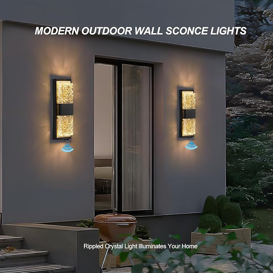 Dusk to Dawn Outdoor Lighting,Porch Lights Outdoor IP65 Waterproof Exterior Lighting Fixtures 12W LED Crystal Modern Outside Light for House Hallway Doorway Patio,14.2'' Back&Gold (1PCS)