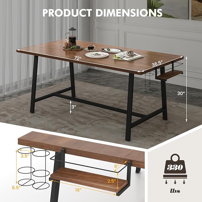 GOFLAME Dining Table for 5-7 People, 72” Large Wooden Kitchen Table with Wine Rack and Spice Rack, Rectangular Dinner Table with Metal Frame for Dining Room, Living Room, Walnut