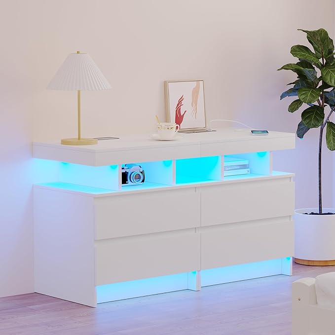 dnbss Nightstand with Charging Station and LED Light, Modern Night Stand with 2 Drawers, Smart Nightstand with USB Ports and Wireless Charger, Bedside Table for Bedroom, White