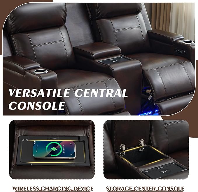 Power Reclining Loveseat with Console, Power Loveseat Recliner Sofa with Adjustable Headrest/LED Light/Wireless Charging/Arm Storage, Power Recliner Loveseat for Living Room (Brown, 2 Seater)
