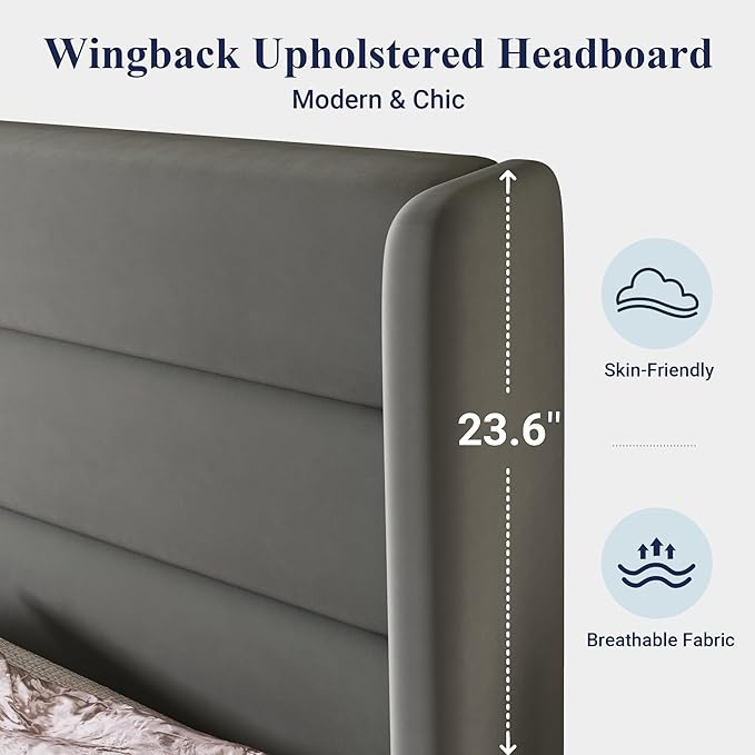 Allewie Full Size Platform Bed Frame with Velvet Upholstered Wingback Headboard, No Box Spring Needed, Under Bed Storage Space, Strong Wooden Slats, Modern Mattress Foundation, Easy Assembly, Grey