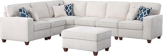 YOPTO 116" Convertible Sectional Couch with Movable Ottoman and 6 Throw Pillows,Chenille Upholstered Comfy Sofa 7 Seater,L-Shaped,Free Combination,Easy Assembly for Living Room,Apartment,Office,Beige