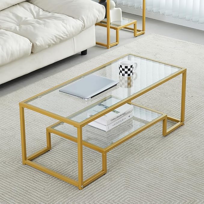 Golden Metal Glass Coffee Table - Two-Tiered with Tempered Glass, Stylish Metal Frame Coffee Table for Bedroom, Dining Room, Office Room.