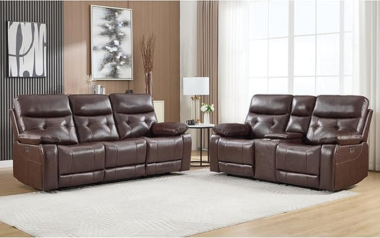 CANMOV Genuine Leather Power Reclining Sofa Set, Power Recliner Sofa and Loveseat Set, 2 Pieces Leather Couch with Storage Console, USB Ports, Cup Holders for Living Room,Dark Brown