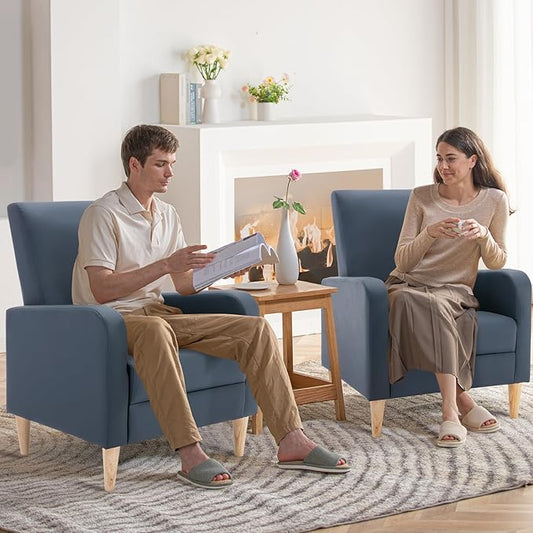 COLAMY Faux Leather Accent Living Room Chairs Set of 2, Upholstered Arm Chair Reading Side Chair, Single Sofa with Back Pillow and Wood Legs, L-Blue