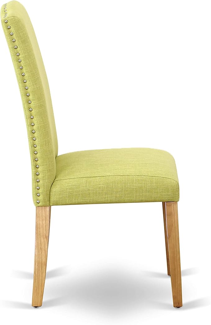 East West Furniture ENP4T07 Encinal Parson Dining Chairs - Nailhead Trim Limelight Linen Fabric Upholstered Chairs, Set of 2, Oak