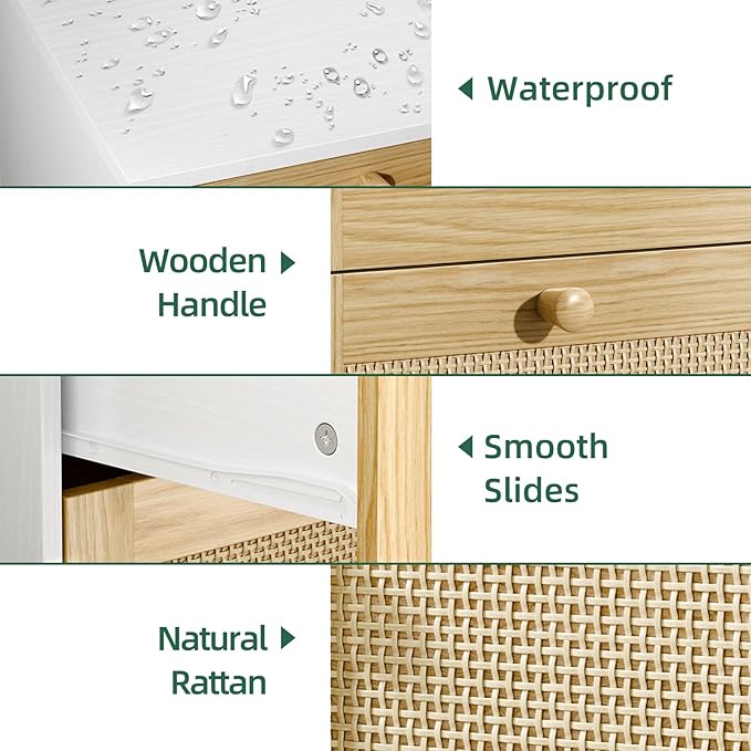 3 Drawer Rattan Dresser for Bedroom, Modern Wooden Dresser Chest with Handles for Bedroom, Hallway and Living Room, White