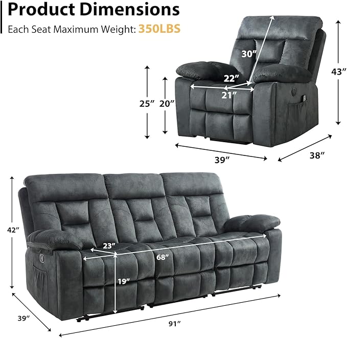 CANMOV Recliner Sofa Set, Power Lift Recliner with Massage&Heat and 3 Seat Sofa, Reclining Sofa with Overstuffed Armrest, Hidden Cup Holders, for Living Room, Greenish-Gray