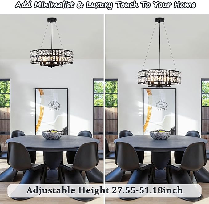 20" Black Crystal Chandelier, 5-Light Modern Dining Room Light Fixture Over Table Adjustable Height Hanging Industrial Pendant Lights Kitchen Island,Living Room Bedroom Entryway Foyer