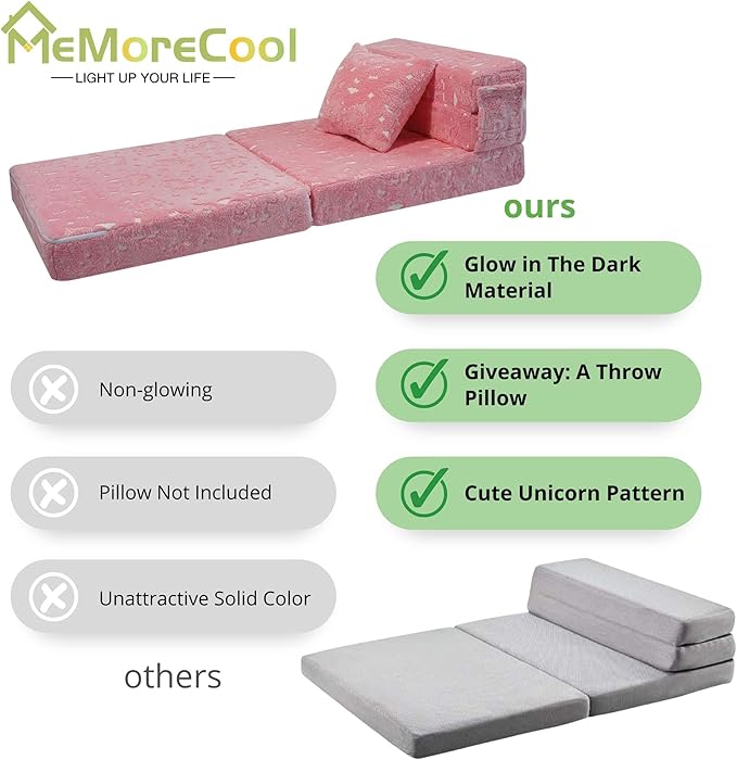 MeMoreCool Glow Pink Unicorn Tri-fold Sofa Bed for Kids, Foldable Futon Chair and Floor Couch, Convertible Trifold Mattress for Playroom