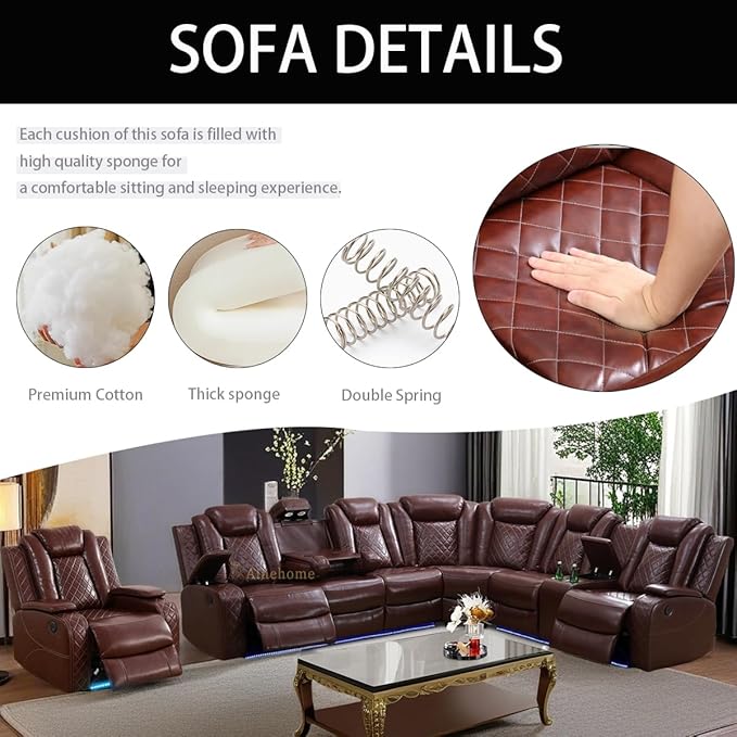 A Ainehome Leather Power Recliner Furniture Sofa Set, Power Recliner Adjustable Sofa, Loveseat and Chair with USB Chargers/Cup Holder for Living Room/Office(A-Brown)