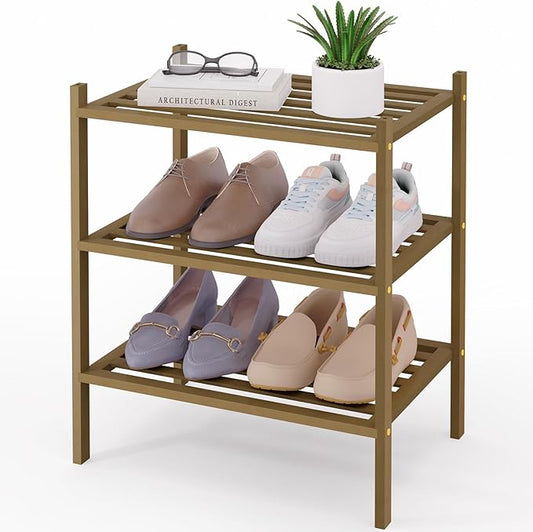 Smiry Small Bamboo Shoe Rack 3-Tier, Stackable Wooden Shoe Organizer for Entryway & Closet, Free Standing Wood Shoe Storage Shelf for Front Door & Small Spaces, Walnut