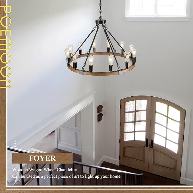 12 Lights Wooden Wagon Wheel Chandeliers Farmhouse 31.5'' Oak Wood Round Chandelier Black Metal Rustic Pendant Light Fixture for Living Dining Room Entryway Foyer Kitchen