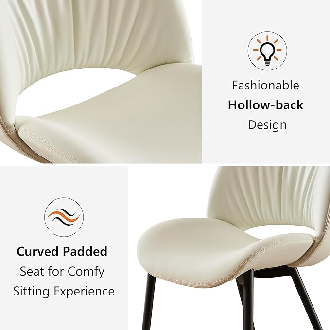 Rowill White Dining Chairs Set of 2, Upholstered Dining Room Chairs with Hollow Back, Faux Leather Kitchen Chairs for Dining, Mid Century Modern Dining Chair with Curved Seat