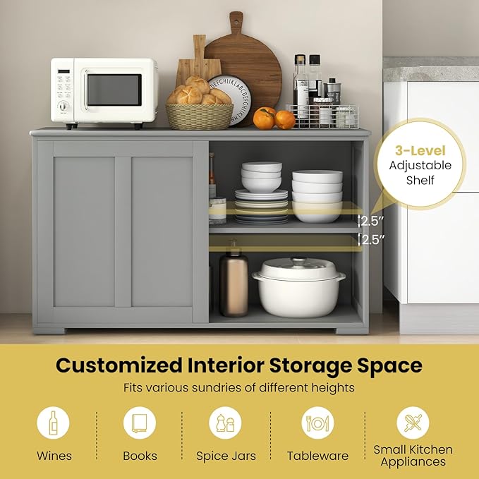 Giantex Buffet Cabinet with Storage, Coffee Bar Wine Cabinet, Farmhouse Sideboard w/Sliding Door, Adjustable Shelves, Cupboard, Kitchen Storage Cabinet, Buffet Table for Living Room Entryway, Grey