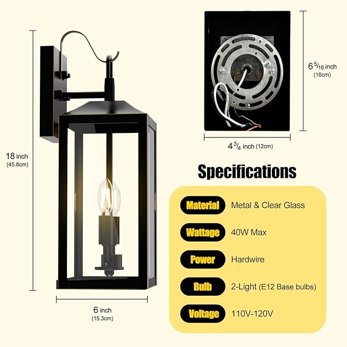 18'' Large Dusk to Dawn Outdoor Lighting, Exterior Sensor Outdoor Wall Lights, Industrial Front Porch Light with Clear Glass, Waterproof Black Gold Anti-Rust Outdoor Lights for House Garage