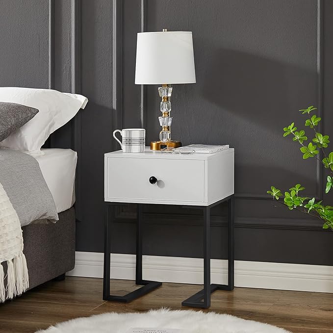 VECELO Modern Nightstand Set of 2 with Drawer End, Side Table for Bedroom, Living Room, Small Space, Night Stand with Open Shelf, Stable Metal Frame, White