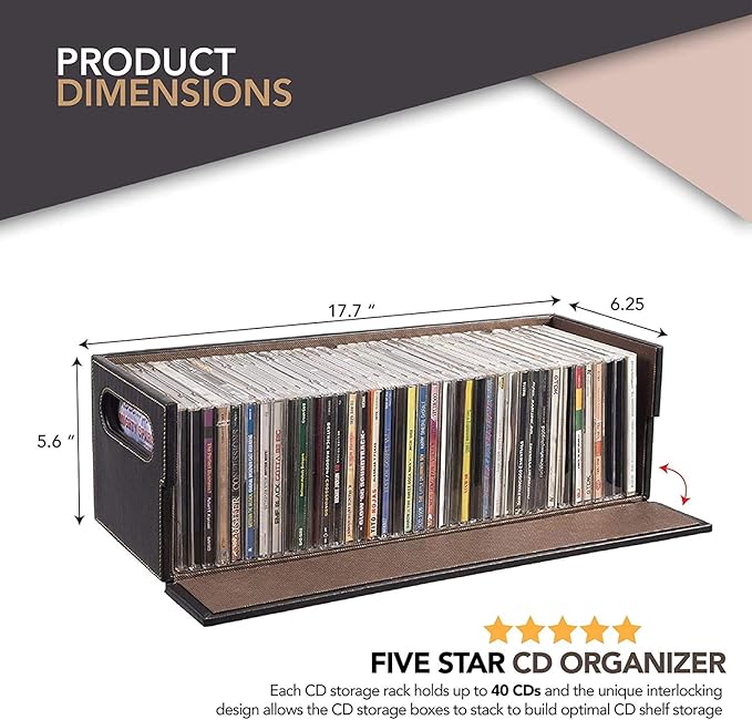 Stock Your Home CD Storage Box, Organizer Shelf for Movie Cases, DVDs, Cassette Tape Display Stand, Disc Holder Can Store Up to 40 CDs, Faux Leather (Brown)