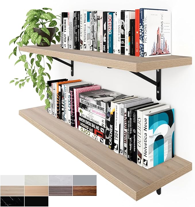 Kaboon 36 inch Long 10 inch Deep Floating Shelves for Wall Set of 2, Large Open Shelves Wall Mounted, Space Saving Home and Commercial Use, Oak/Grey Tone