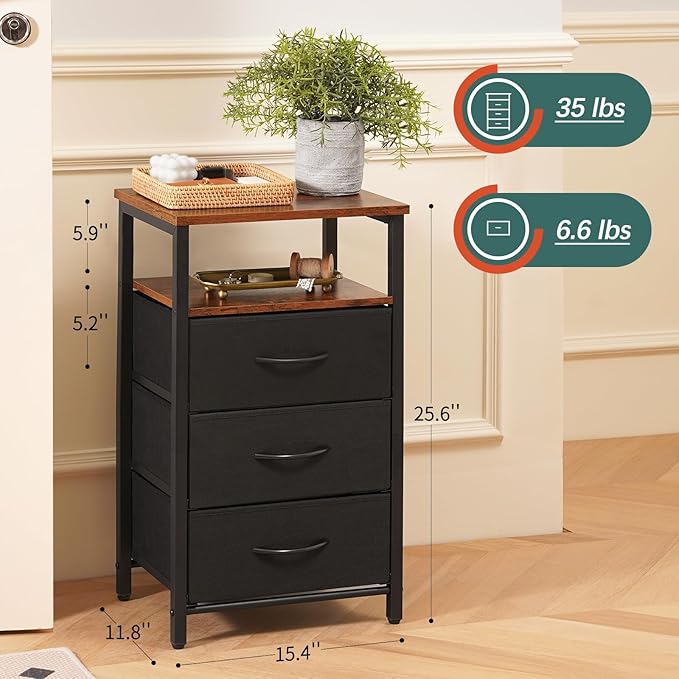 Yoobure Night Stand with Charging Station, 3 Fabric Drawers Nightstand, Bedside Tables with Storage Shelf, End Table with 16 Colors LED, Small Dresser for Small Space