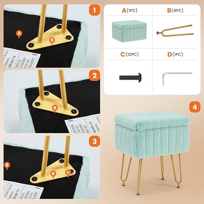 DUMOS Vanity Stool Chair with Storage, Small Ottoman Faux Fur Soft Padded Footstools Seat with 4 Metal Legs Anti-Slip Adjustable Feet Modern Footrest for Home Entryway Bedroom Makeup Mint