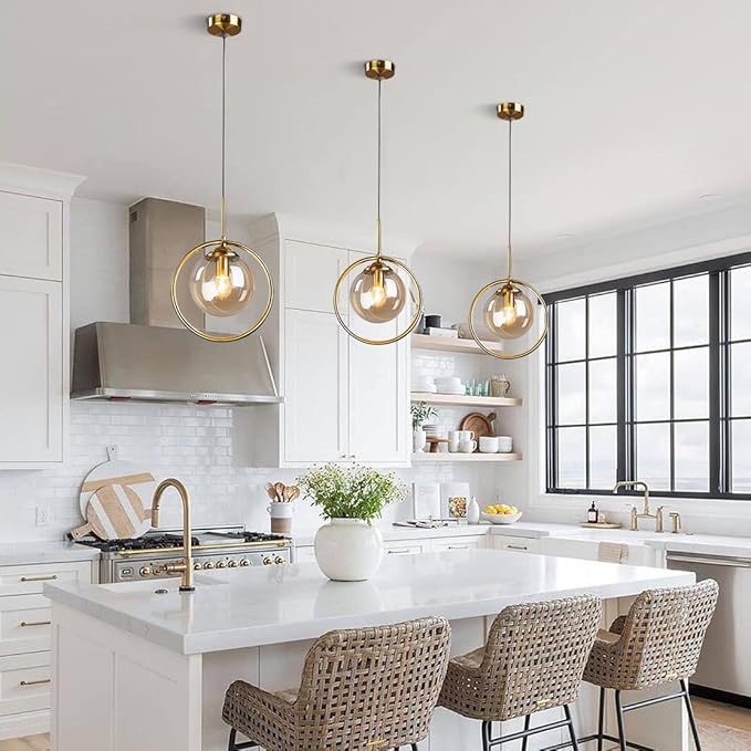 BOKT Modern 1-Light Globe Pendant Light Mid Century Amber Glass Ball Pendant Lighting Brushed Gold Single Round Circle Hanging Lamp Kitchen Island Dining Room Pendant Light Fixture