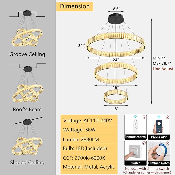 24''+16''+8'' Modern Ring Chandelier Crystal Chandeliers for Dining Room Round LED Dimmable Ceiling Light Fixture for Living Room Bedroom Lighting Black