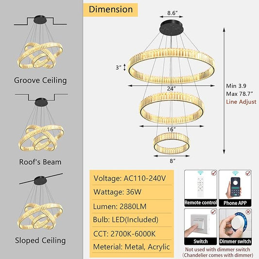 24''+16''+8'' Modern Ring Chandelier Crystal Chandeliers for Dining Room Round LED Dimmable Ceiling Light Fixture for Living Room Bedroom Lighting Black