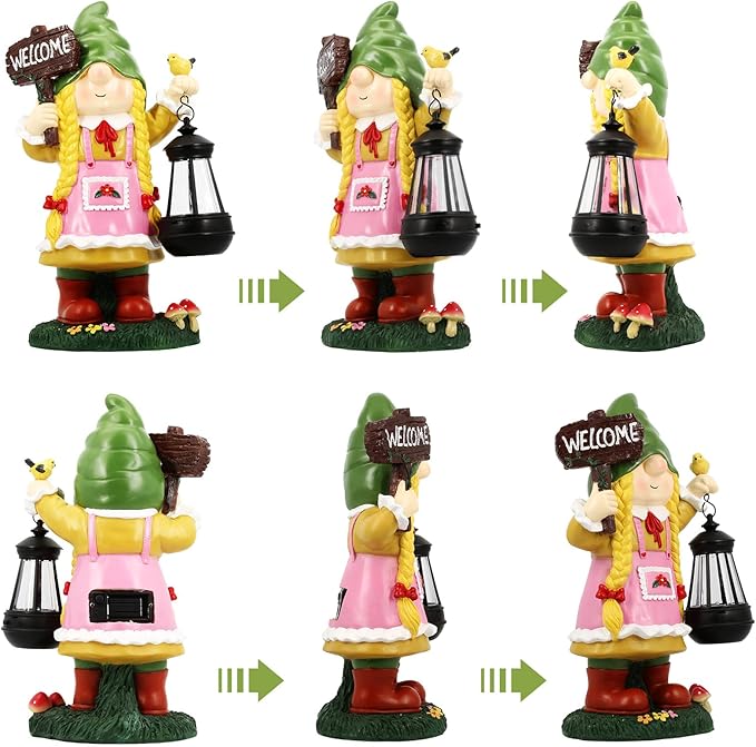 Solar Garden Gnome Outdoor Decor - Solar Garden Gnomes Outdoor Statues - Solar Gilrs Gnomes Decorations for Outside - Large Welcome Garden Gnomes Figurine - Unique Birthday Housewarming Gifts