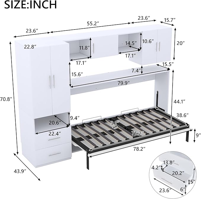 Merax Twin Murphy Bed Cabinet with Storage Wardrobe, Wood Folding Wall Cabinet Bed w/Open Shelves & Drawers, for Guest Room, Home Office, White