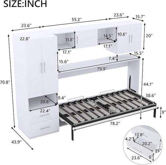 Merax Twin Murphy Bed Cabinet with Storage Wardrobe, Wood Folding Wall Cabinet Bed w/Open Shelves & Drawers, for Guest Room, Home Office, White