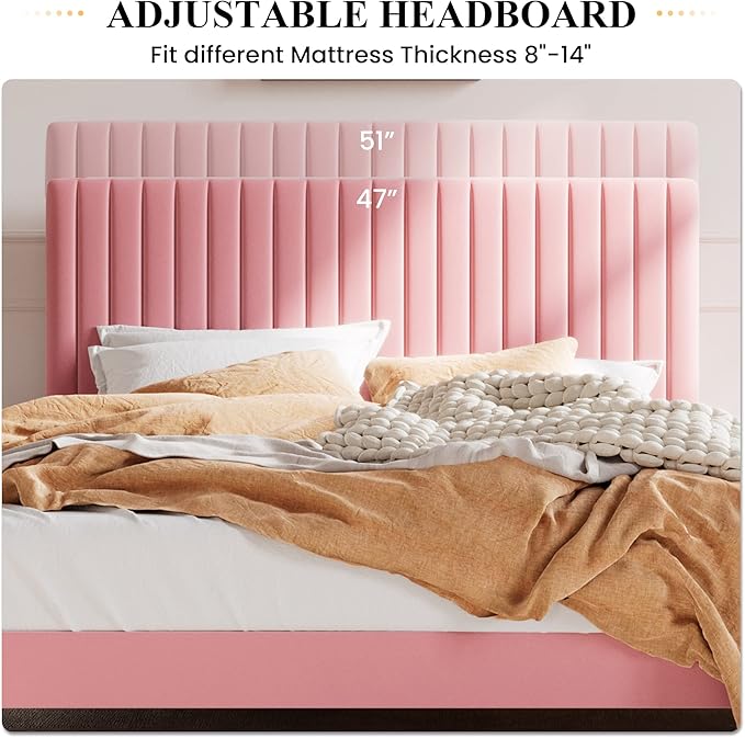 SHA CERLIN Full Upholstered Platform Bed Frame with Adjustable Headboard/Vertical Channel Tufted Velvet Fabric/Wooden Slats Support/Mattress Foundation/Box Spring Optional/Pink