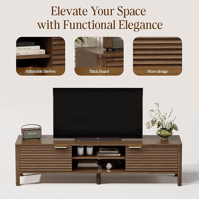 TV Stand for Living Room - up to 65 Inch TVs Mid Century Modern Entertainment Center with Storage and Adjustable Shelves, Media Console Table Walnut 59"