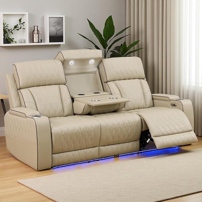 Power Recliner Sofa Couch with LED, Breathing Leather Reclining Couch, Living Room Furniture Sets, Recliner Furniture with Coffee Table/Cup Holders/Charging for Home Theater, Khaki(3 Seater)