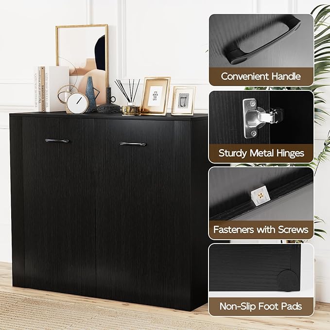 Giantex Modern Storage Cabinet, 38" Credenza with 2 Doors and 4 Cubic Shelves, Anti-Tipping Device, Sturdy Metal Hings, Wooden Sideboard Cabinet for Living Room, Kitchen, Entryway, Black