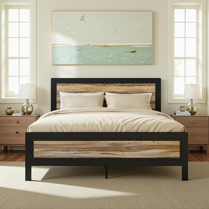 SHA CERLIN Heavy Duty Full Size Bed Frame, Metal Platform Base with Rivet Wooden Headboard Footboard, 13 Strong Steel Slats Support, No Box Spring Needed, Mattress Foundation