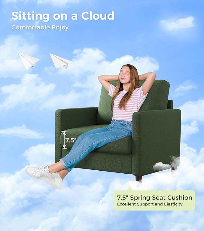 Welzona Sofa Reading Chair,33" Accent Chair for Bedroom, Tool-Free Setup Living Room Accent Chairs, Comfy Arm Chairs Living Room, All-Wood Reading Nook, Green