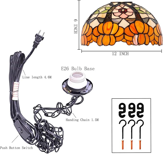 Tiffany Pendant Light Plug in 12 Inch Orange Flower Stained Glass Hanging Lamp with Chain 33 Inch, Cord 15 Feet