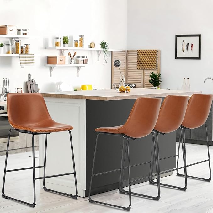 NEWBULIG 30 Inch Counter Height Bar Stools Set of 4, Armless Bar Height Stools, Faux Leather Barstools with Back, Kitchen Island Chairs, Comfortable Modern Chairs with Metal Legs, Classic Brown