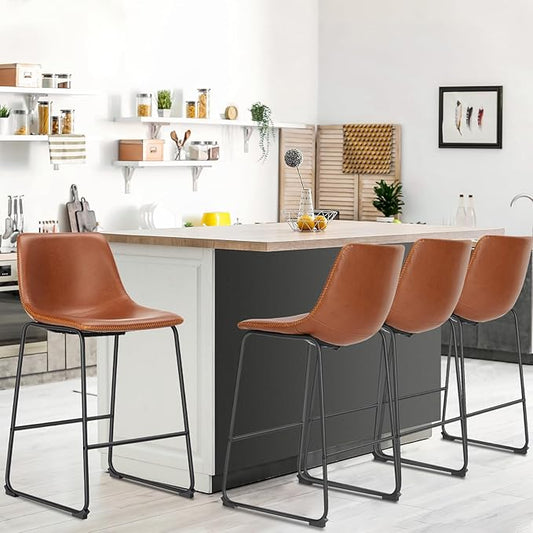 NEWBULIG 30 Inch Counter Height Bar Stools Set of 4, Armless Bar Height Stools, Faux Leather Barstools with Back, Kitchen Island Chairs, Comfortable Modern Chairs with Metal Legs, Classic Brown