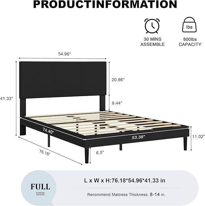 Full Size Bed Frame with Upholstered Headboard, Sturdy Wood Slats, No Box Spring Required, Silent, Easy Assembly,Black
