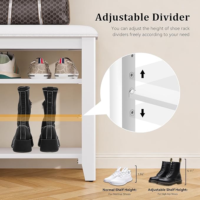 Shoe Bench Storage Rubberwood with Leather Cushion for Entryway Bench Ideal for Hallways Shoe Rack Front Doors Entrances Mudrooms Featuring 3 Height-Adjustable and Removable Shelves