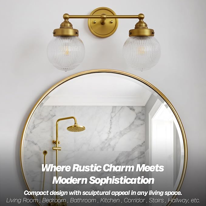 Vintage Double Arm Brass Wall Sconce Lighting, Clear Ribbed Glass 2-Lights Bathroom Vanity Light Fixture for Dining Room Bedroom Living Room Corridor